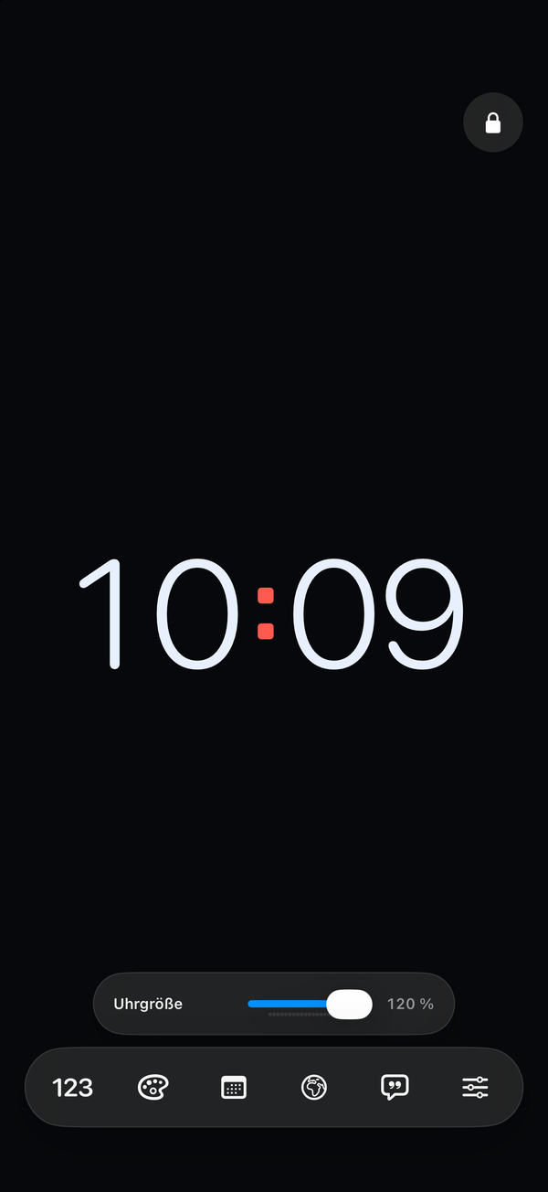 Schnellsteuerungen und ein separates Schloss oben rechts auf dem iPhone. Clock Pro ist aktiv; Ort und Text benötigen Pro.