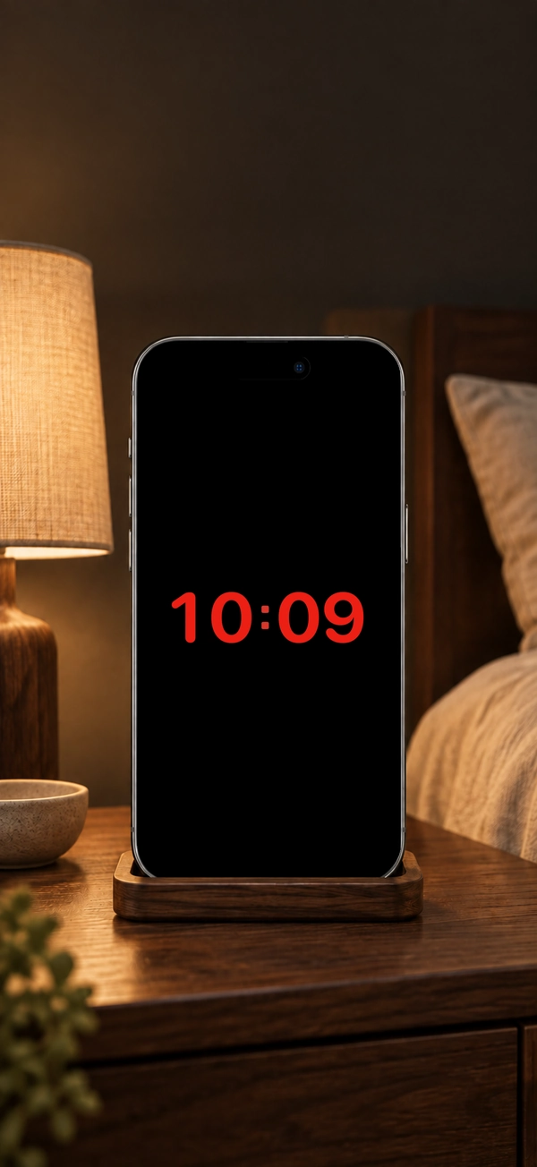 Nachtrot auf einem iPhone neben dem Bett. Clock Pro. Reduziere abends die Gerätehelligkeit.