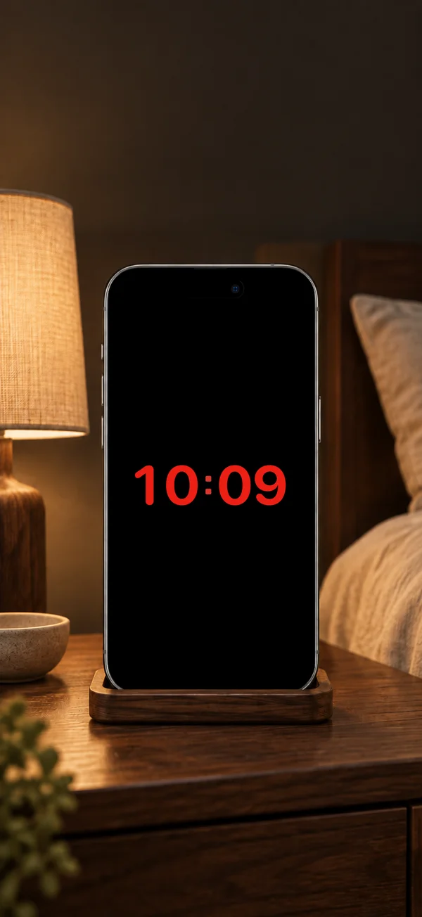 Rojo nocturno en un iPhone junto a la cama. Clock Pro. Reduce el brillo del dispositivo por la noche.