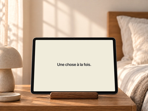 Un message personnel pour le matin sur iPad, avec l’horloge masquée. Clock Pro.