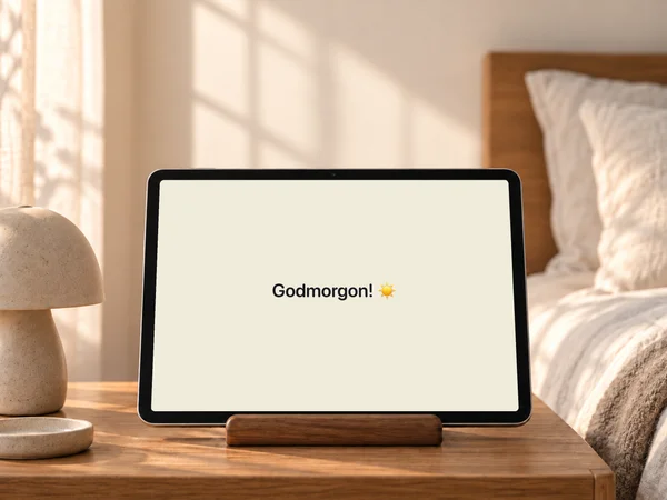 Ett personligt morgonmeddelande på en iPad, med klockan dold. Clock Pro.