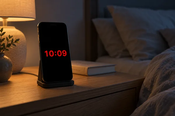 An iPhone showing Night Red on a bedside stand. Clock Pro.