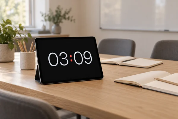 An iPad showing Digital with Midnight on a small meeting table.
